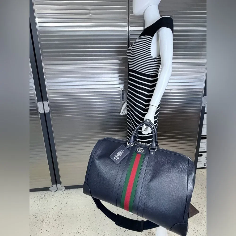 Gucci Navy Blue Savoy Web Stripe Duffle Travel Bag